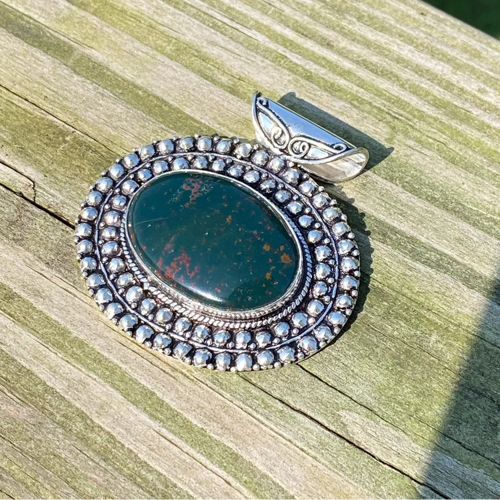 💕Large Oval genuine Bloodstone slider pendant .925 Sterling Silver - Picture 3 of 9